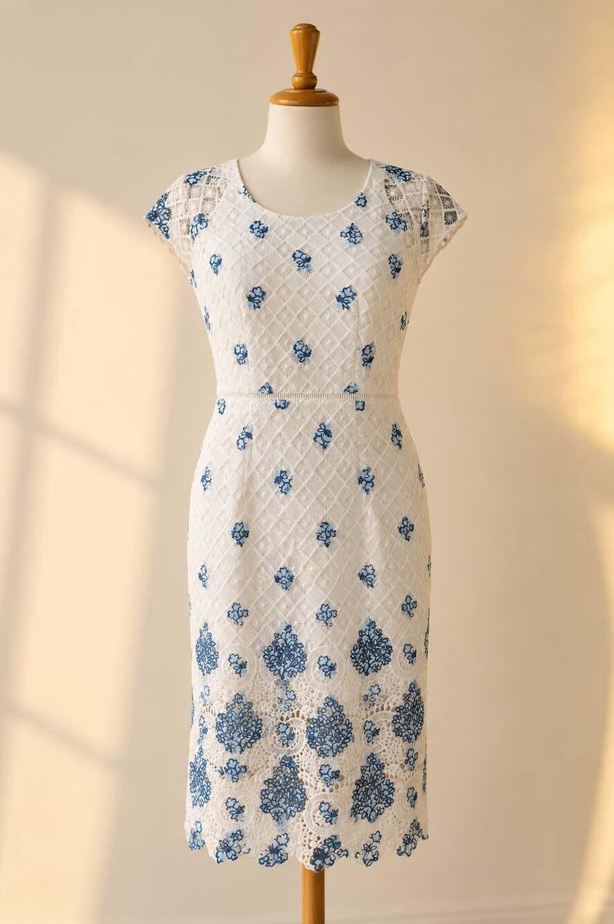 Elisa Landri Ivory Blue Embroidered Lace Sheath Midi Dress 8 Floral Scallop Hem